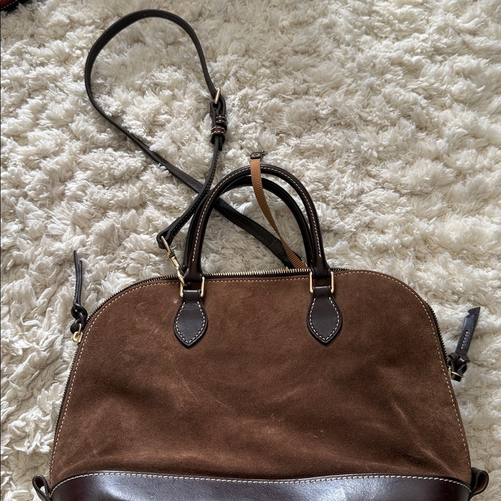 Dooney & Bourke Brown Suede Leather Dome Satchel Crossbody Bag Red Lining - Picture 5 of 12